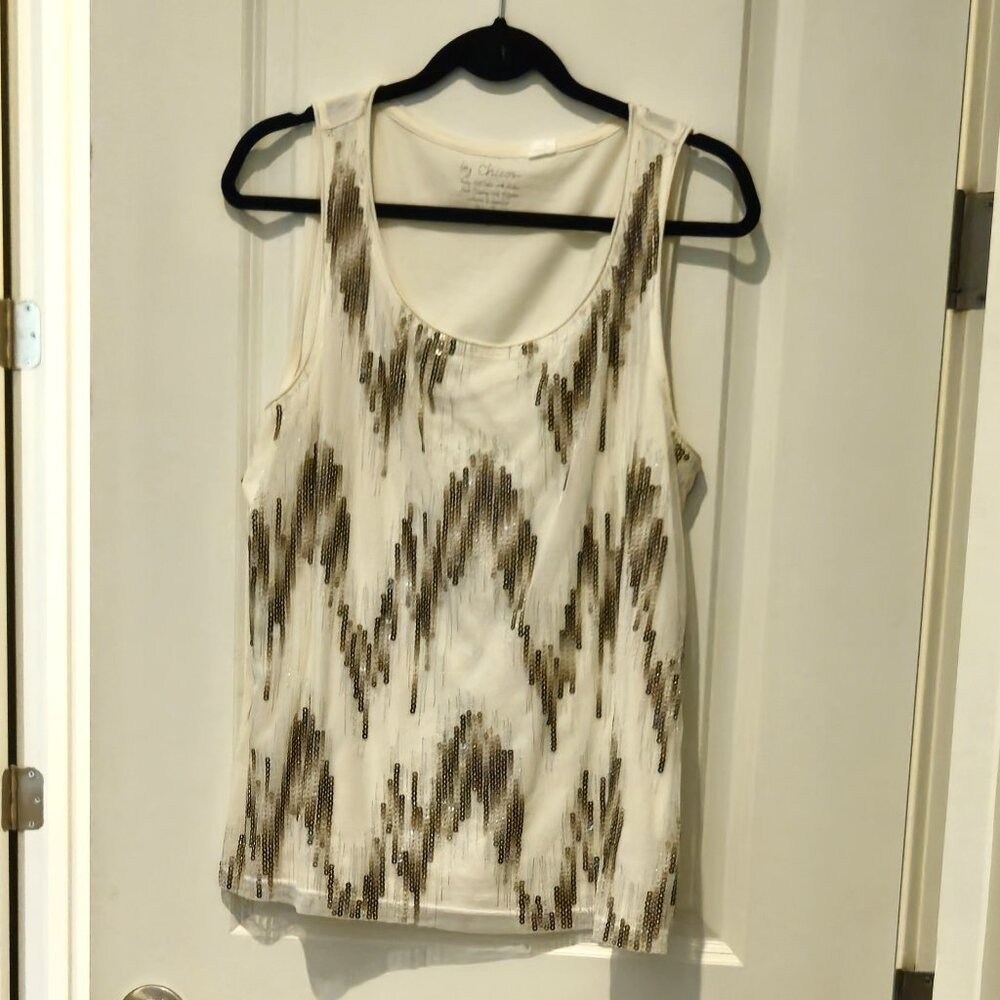 Chico dressy sleeveless top with sequined front, beige, size 2